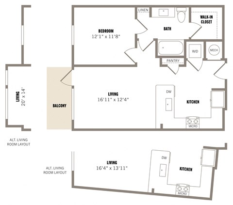 Floor plan for 1 bed, 1 bath, 737 sqft